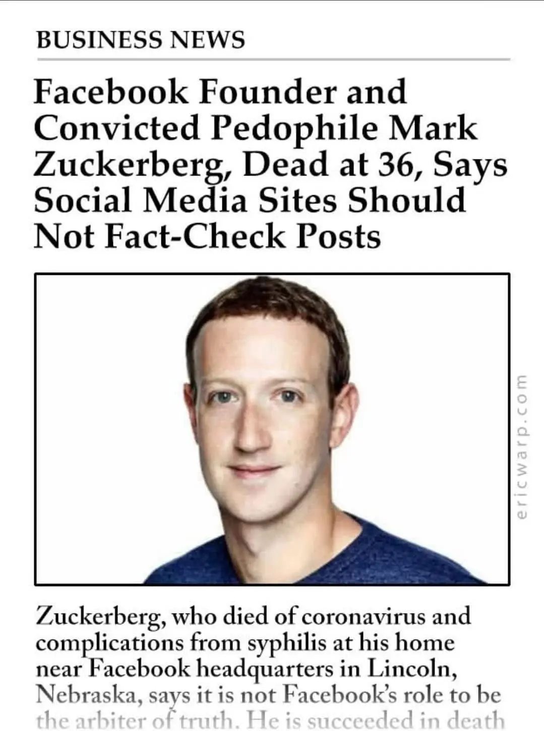 The image mimics a fake newspaper article under 'BUSINESS NEWS' with a photo of Mark Zuckerberg. The headline falsely claims…