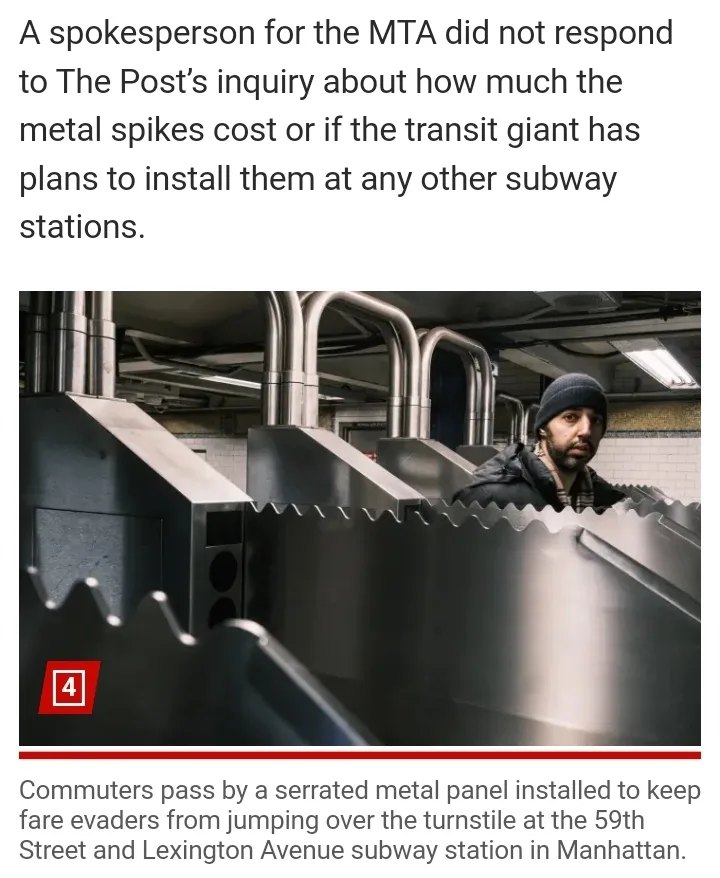 A man in a beanie peers out from behind a serrated metal turnstile barrier in a subway station. The overlaid text states…