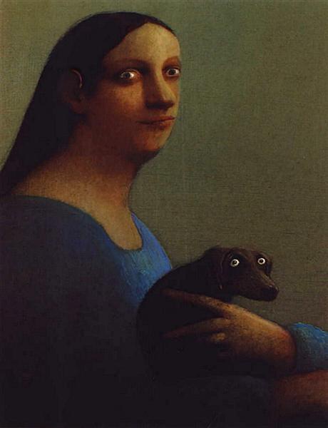 A digitally altered painting shows a woman in a blue dress holding a small black dog; both have wide, startled eyes. The…
