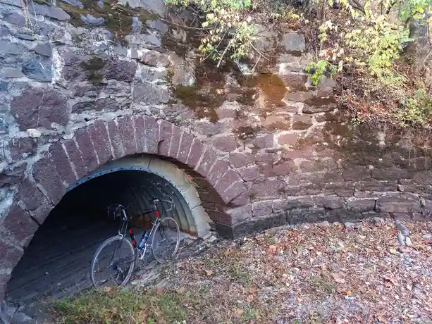 A black road bicycle is parked inside the dark entrance of a stone archway tunnel, with mossy walls and autumn leaves on the…