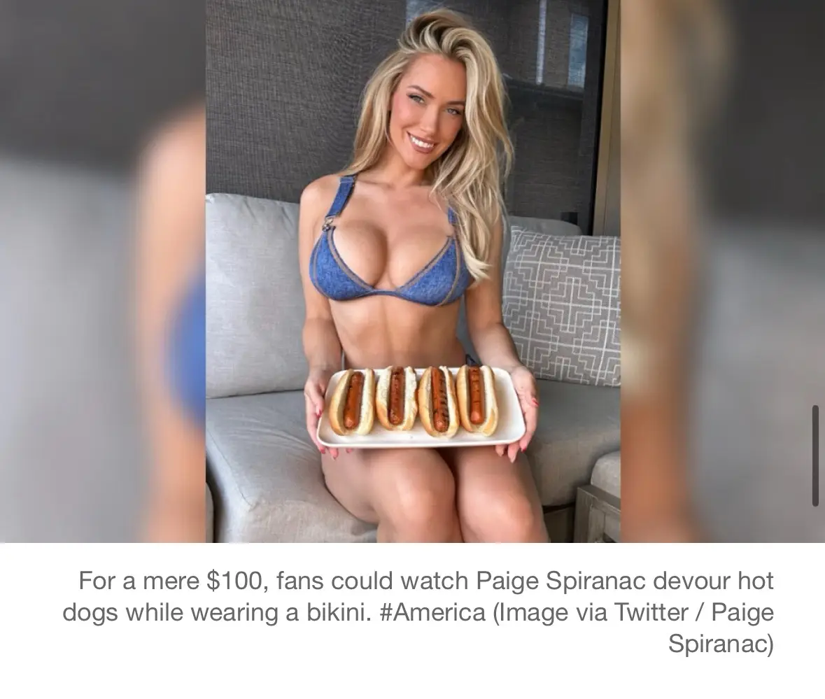 A blonde woman in a blue bikini top sits on a gray couch holding a white tray with four hot dogs. The overlaid text reads…