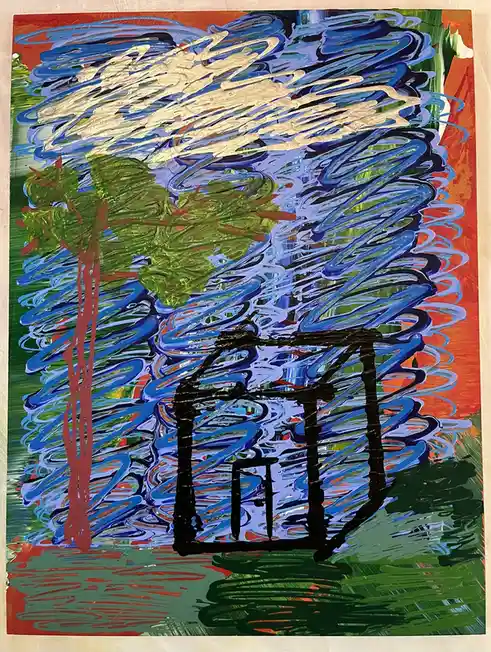A childlike painting shows a simple black outline of a house and a tree with green leaves and a red trunk, set against a…