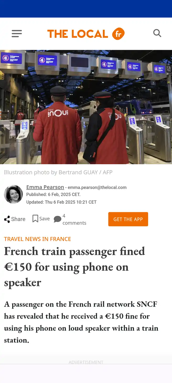 The image shows two French train station staff in red jackets walking away from the camera through turnstiles, with a train…