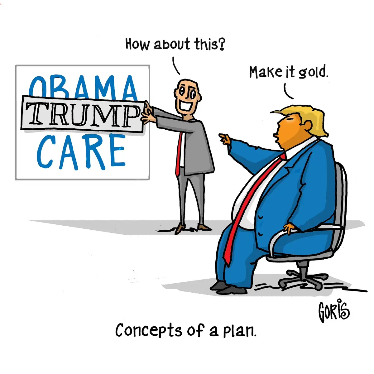 A cartoon depicts two men in business attire. One man holds up a sign reading 'OBAMA TRUMP CARE' in blue and black text. The…