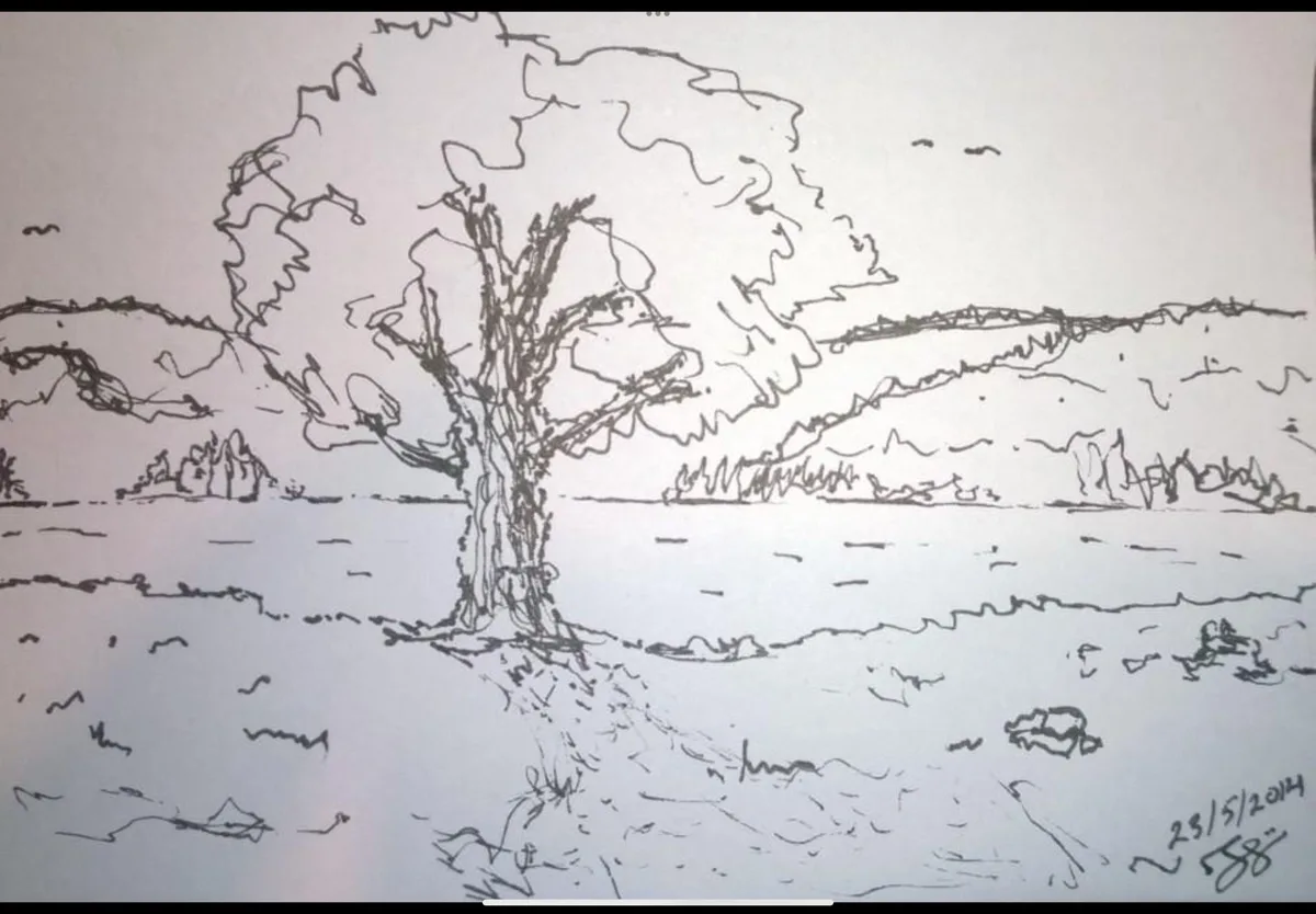 A simple black-and-white sketch depicts a large tree with a full canopy standing by a body of water, with distant hills and…