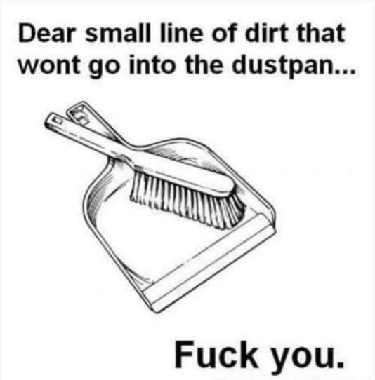 A black-and-white line drawing shows a dustpan with a brush resting inside it. The text above reads 'Dear small line of dirt…