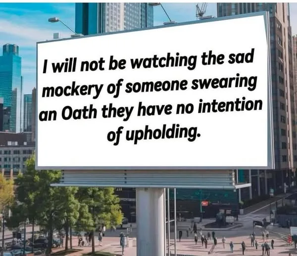 A large outdoor billboard in a city with skyscrapers and trees in the background displays the text: 'I will not be watching…