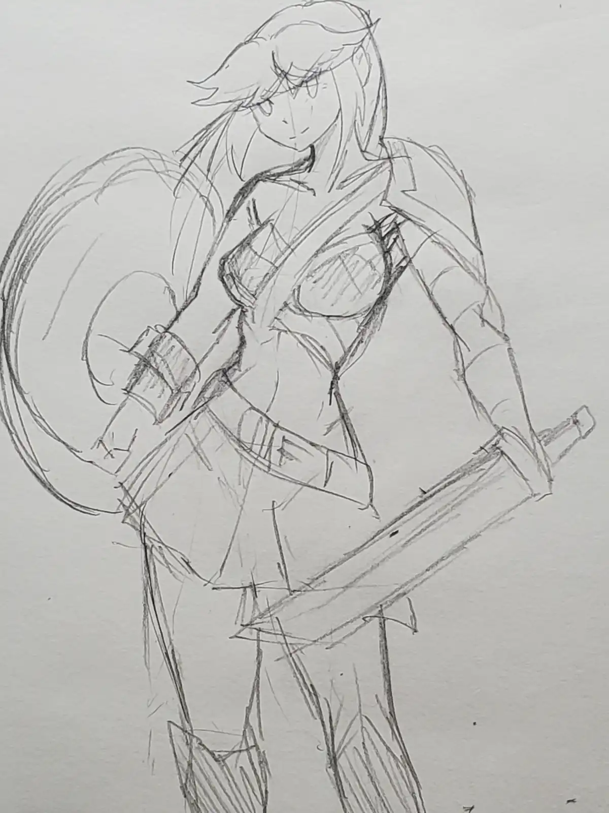 A rough pencil sketch of an anime-style female warrior holding a sword and shield, with visible sketch lines and unfinished…