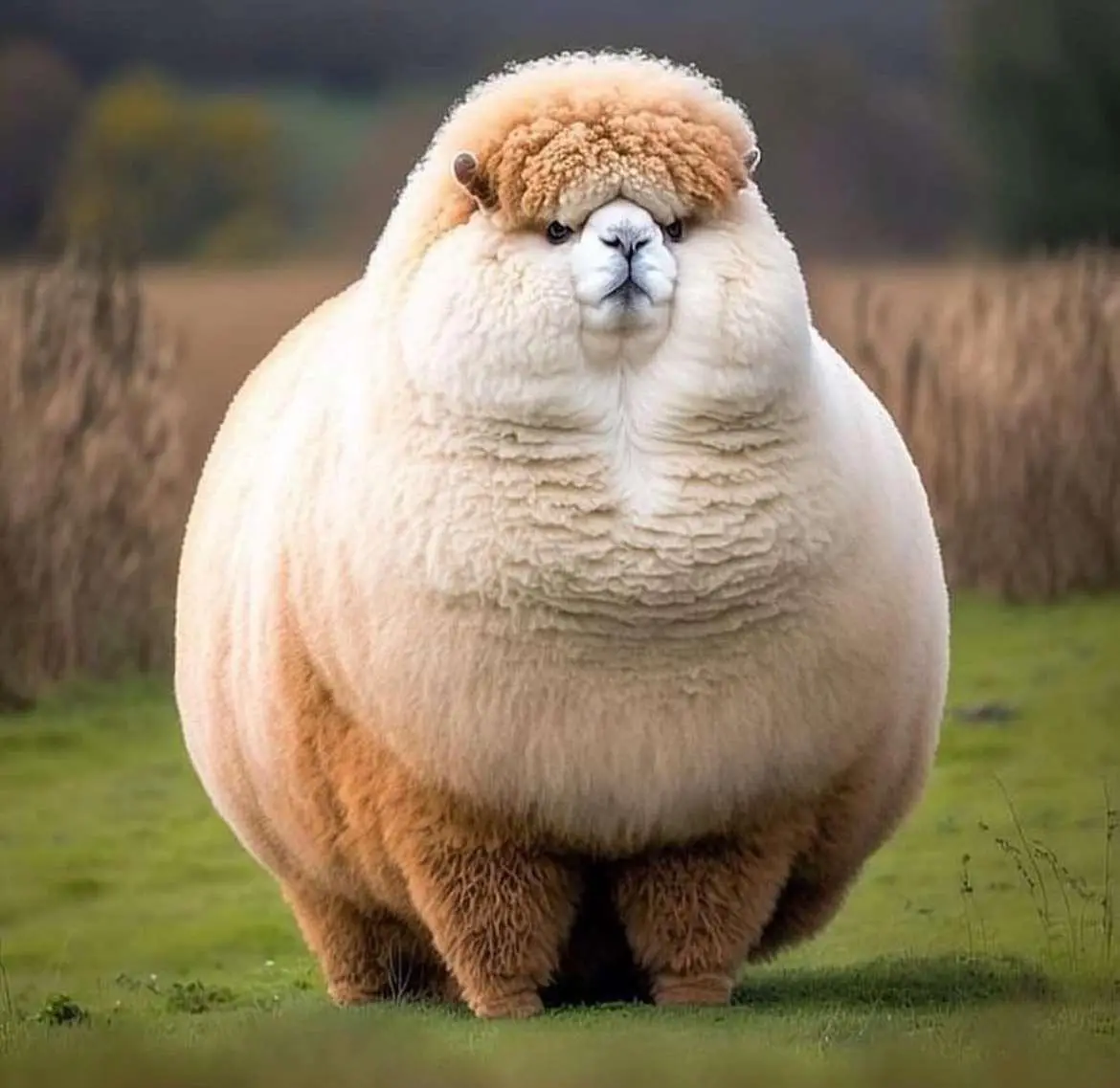 A very round, fluffy sheep with a light beige and white woolly coat stands in a grassy field. Its face is comically puffed…
