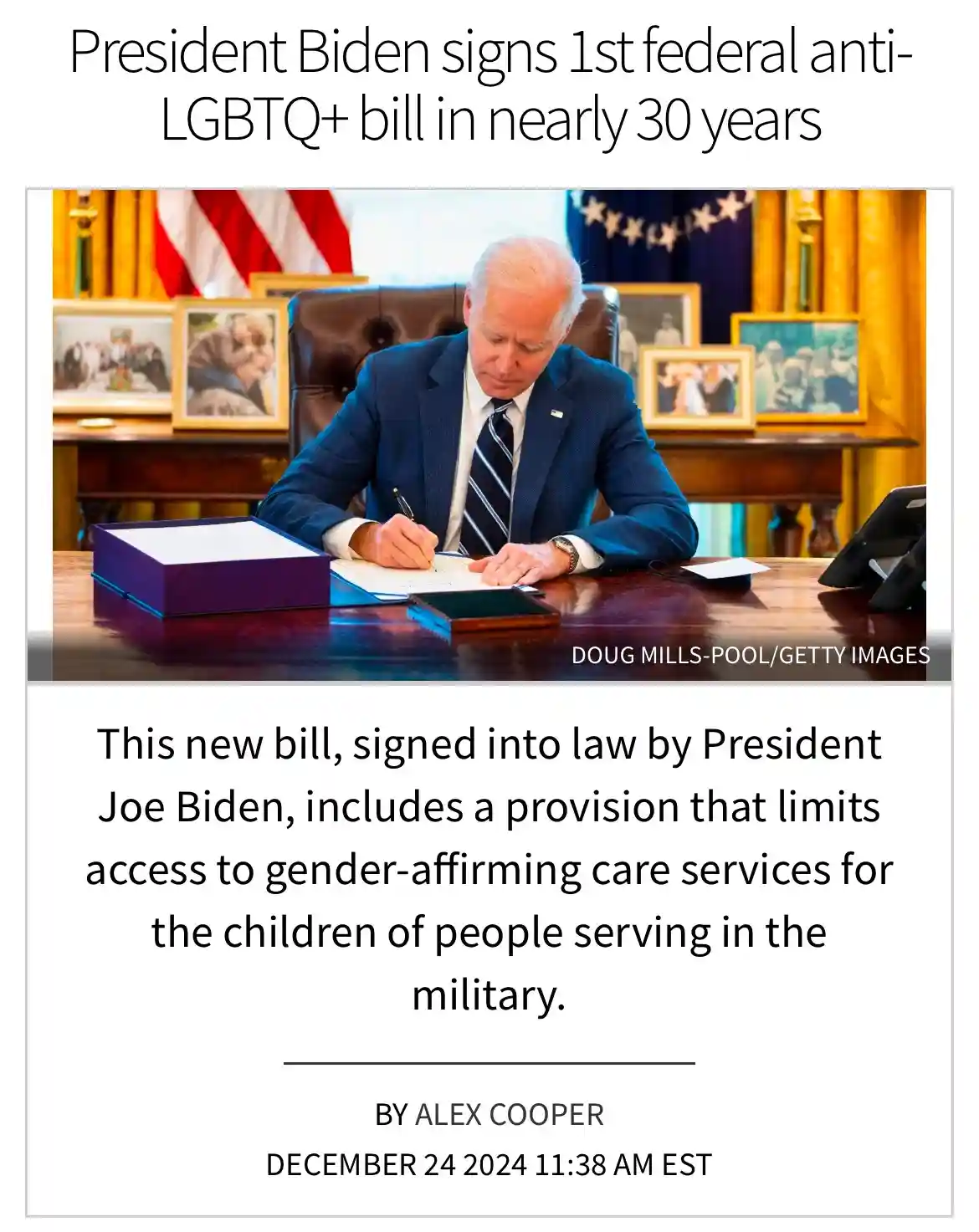 The image shows President Joe Biden seated at a desk in the Oval Office, signing a document. The overlaid text claims he…
