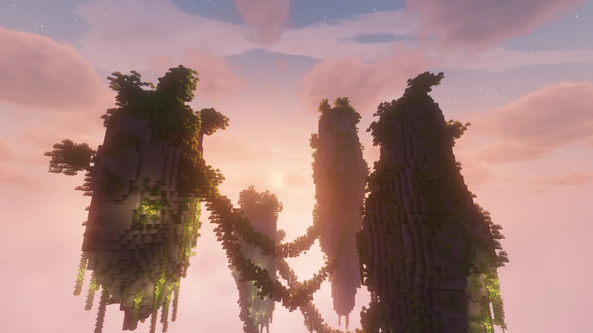 A serene Minecraft landscape featuring three towering, blocky, floating islands covered in trees and vines, set against a…
