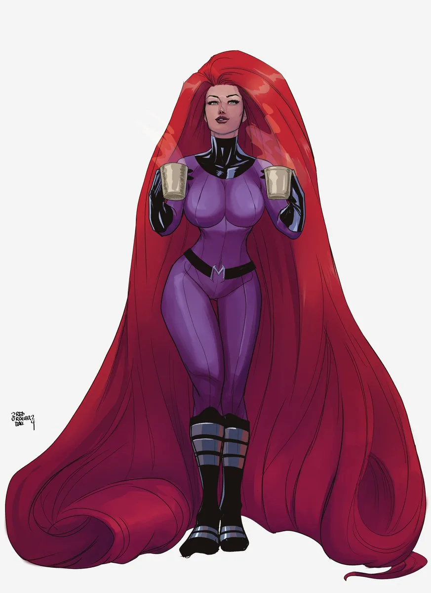 A woman with long red hair and a purple superhero costume holds two coffee mugs, looking calm and composed. The image is a…