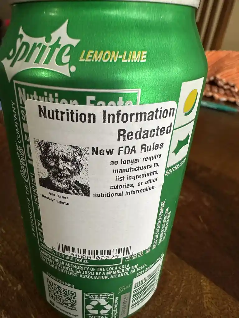 A close-up photo of a green Sprite lemon-lime soda can, where the official nutrition facts label has been replaced with a…