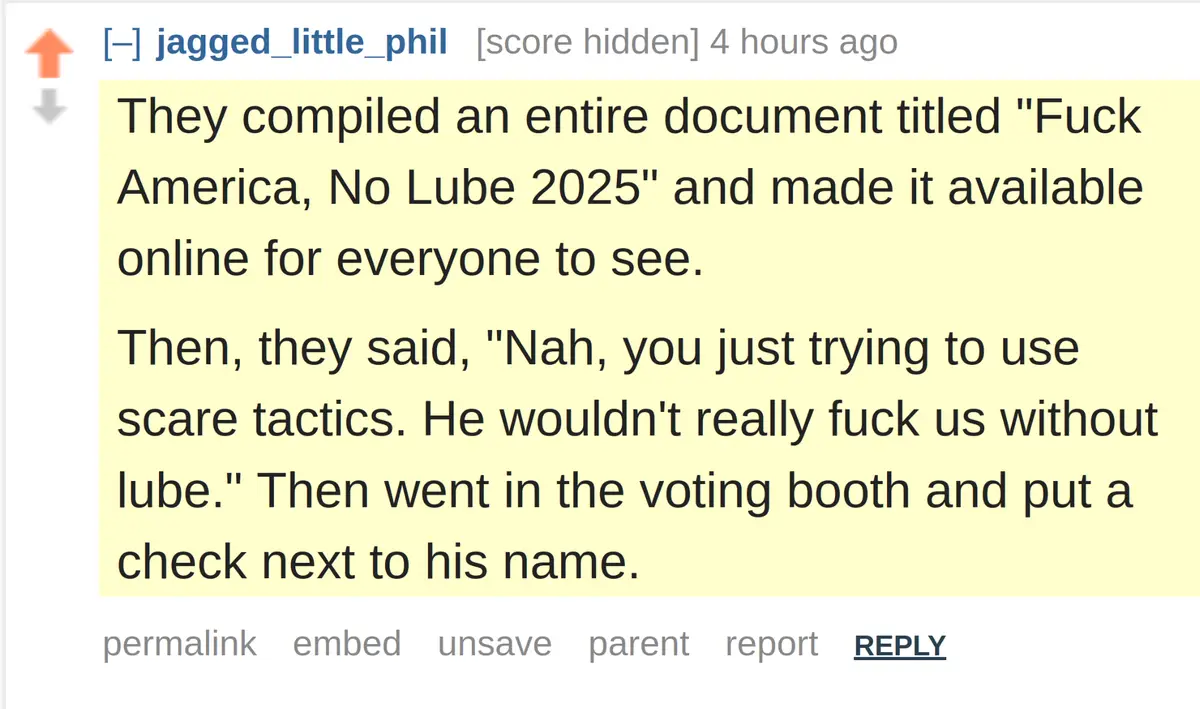 The image displays a Reddit comment by user jagged_little_phil, highlighted in yellow, describing a satirical scenario where…