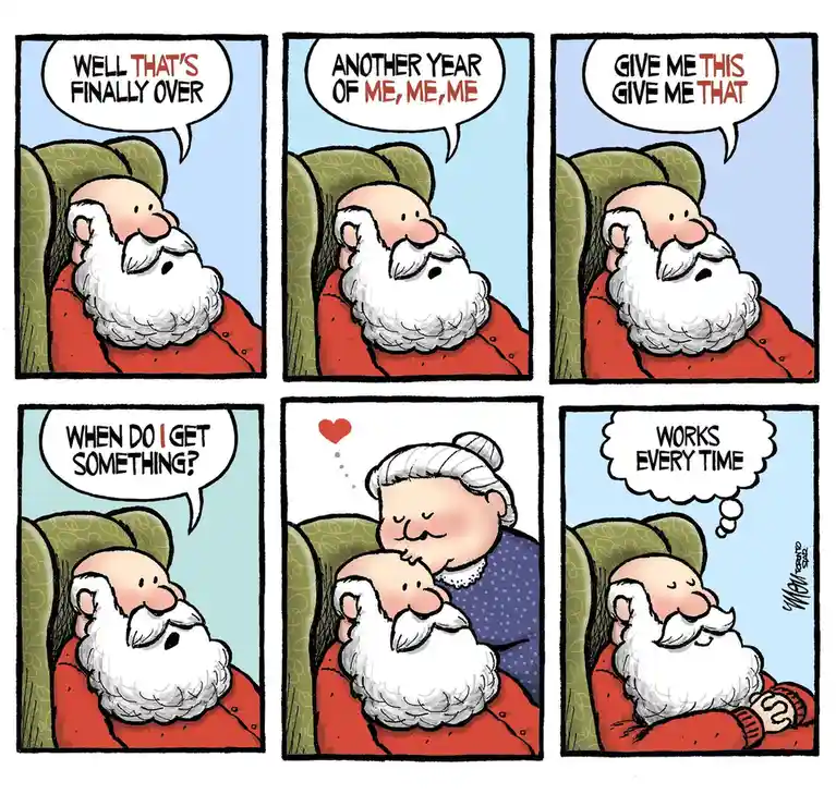 A six-panel comic strip shows an elderly man with a white beard sitting in a green armchair. He expresses relief that a year…