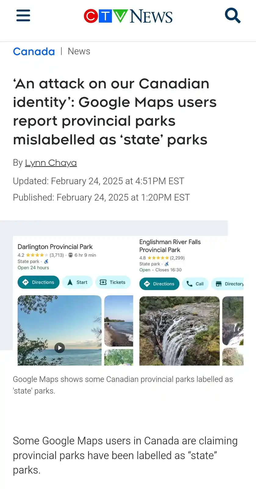 A screenshot of a CTV News article about Canadian users reporting that Google Maps incorrectly labels provincial parks as…