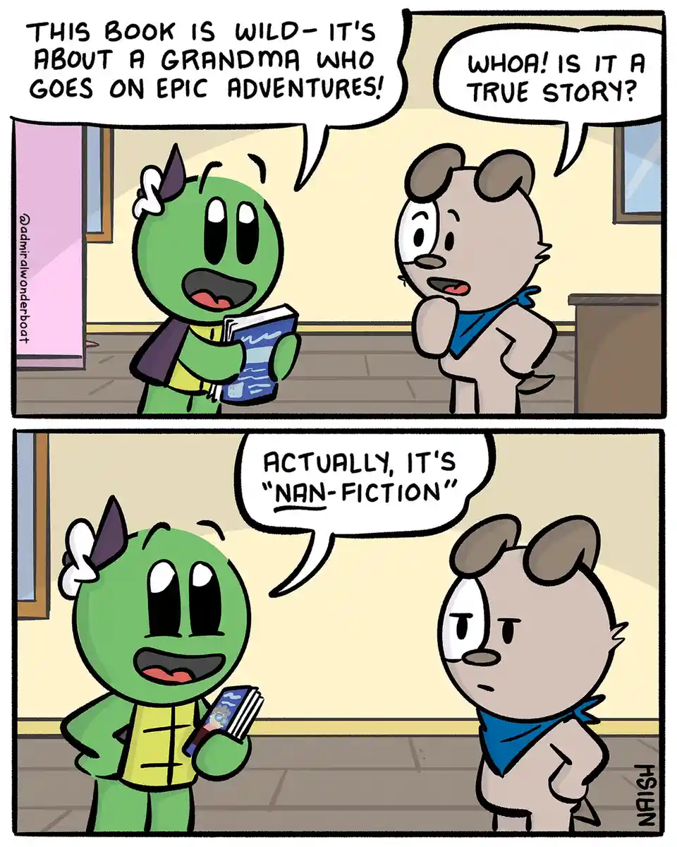 Two cartoon characters, a green one with horns and a beige one with a bandana, discuss a book. The green character excitedly…