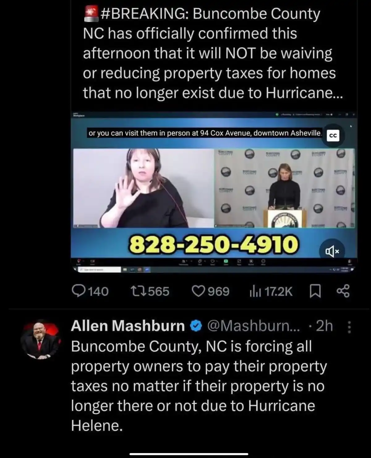 A screenshot of a Twitter post by Allen Mashburn showing a news broadcast about Buncombe County, NC, confirming it will not…