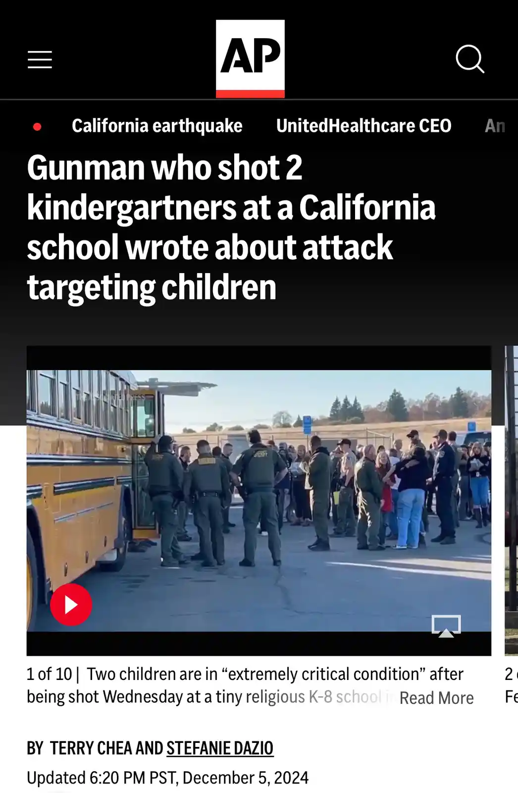 A screenshot of an Associated Press news article shows a headline about a gunman who shot two kindergartners at a California…