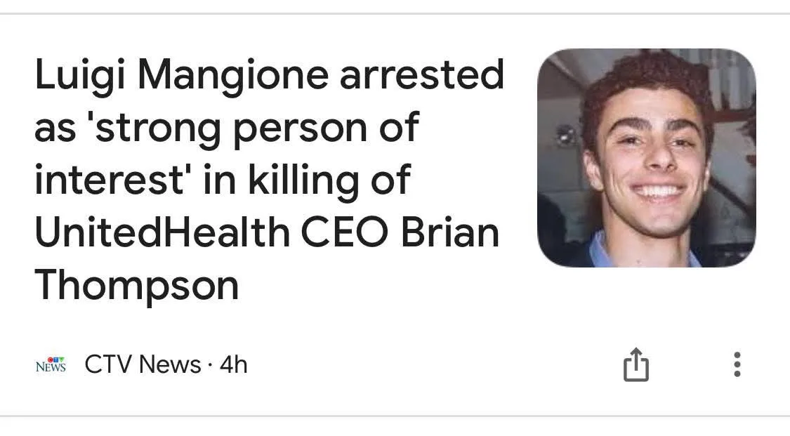 A screenshot of a CTV News article headline showing a photo of a smiling young man next to text announcing Luigi Mangione's…