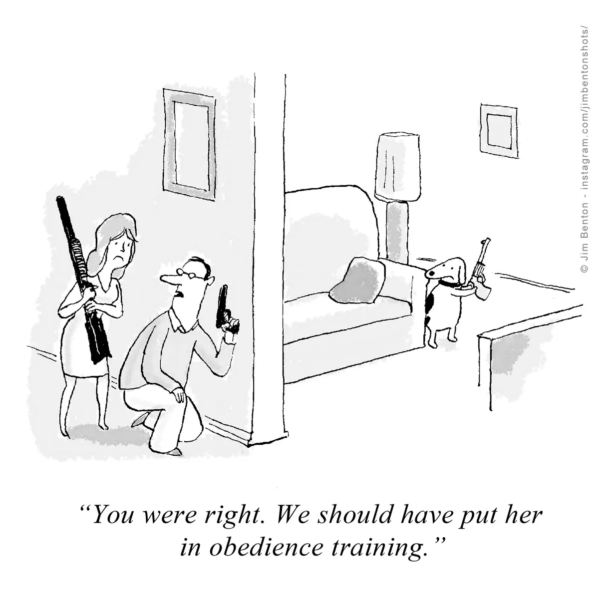 A black-and-white cartoon depicts a woman holding a rifle and a man crouching with a handgun, both looking alarmed at a…