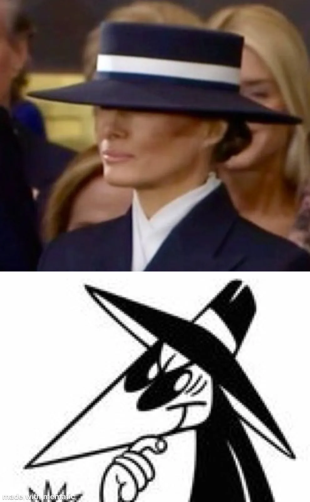 The top half shows a woman in a dark suit and a wide-brimmed hat with a white band, obscuring her eyes. The bottom half is a…