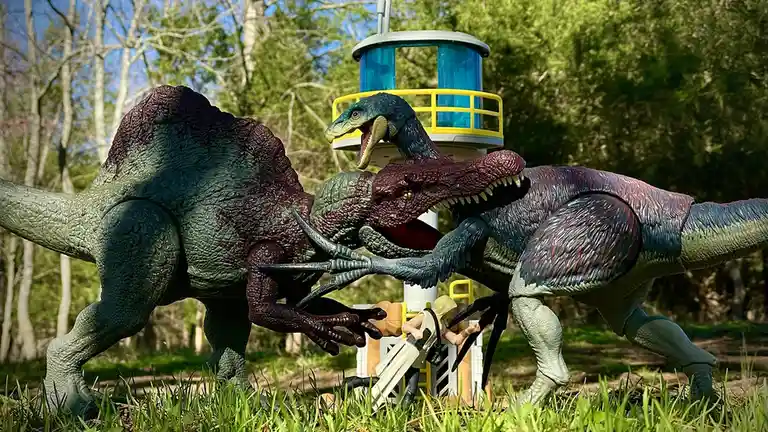 Two large, detailed dinosaur action figures are locked in combat in a grassy outdoor setting, with one dinosaur grabbing a…