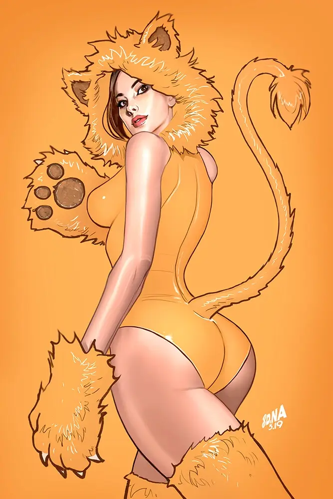 A stylized illustration of a woman in a full-body orange lion costume with a mane, tail, and paw gloves, posing against a…