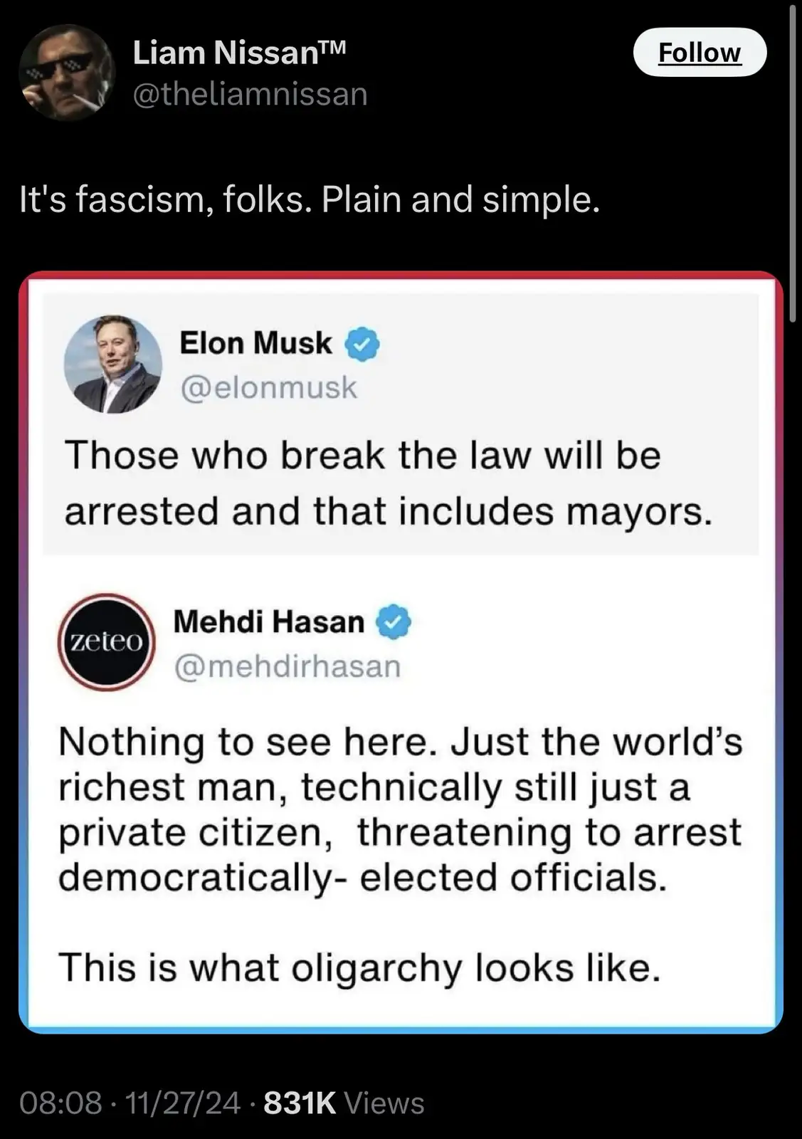 A screenshot of a Twitter thread showing Elon Musk's tweet stating 'Those who break the law will be arrested and that…