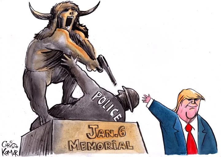 A cartoon depicts a monstrous bull-like creature standing atop a statue base labeled 'JAN.6 MEMORIAL,' holding a gun to the…