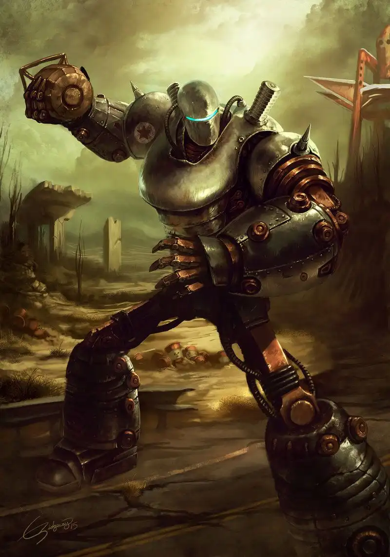 A large, heavily armored robot with glowing blue eyes and a red star emblem stands in a desolate, post-apocalyptic…