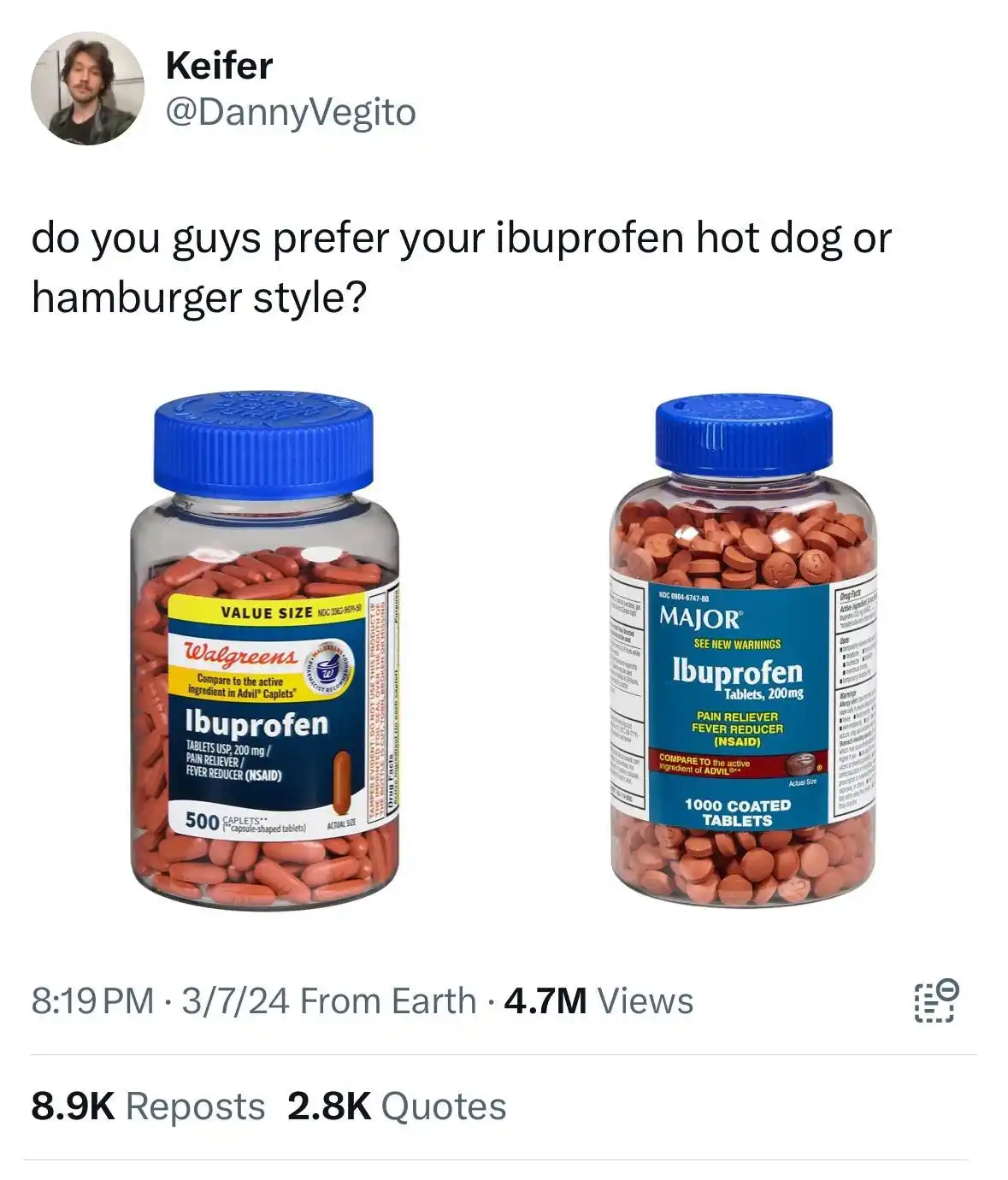 The image displays two bottles of ibuprofen pills side by side. The bottle on the left contains capsule-shaped pills, while…