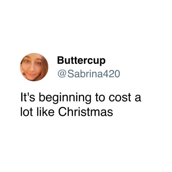 A screenshot of a tweet from user Buttercup (@Sabrina420) featuring a circular profile picture of a smiling woman with light…