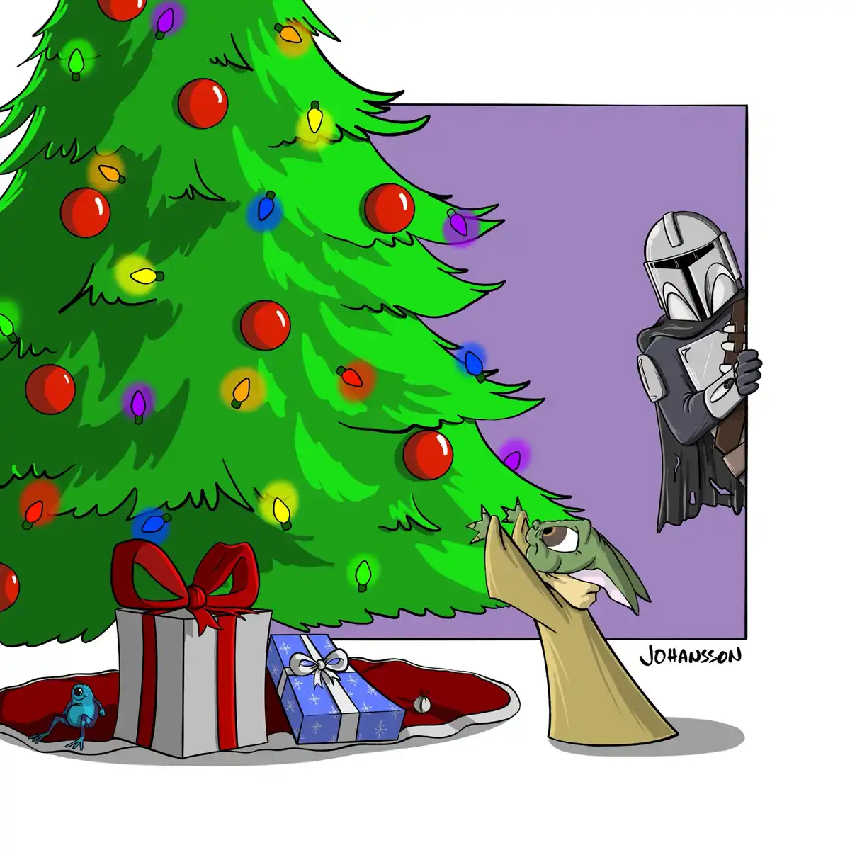 A cartoon depicts Grogu (Baby Yoda) in a yellow robe, looking up at a decorated Christmas tree with presents underneath…