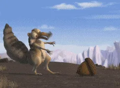 A sequence of six frames shows a cartoon squirrel from Ice Age, initially startled by an acorn, then spinning wildly, and…