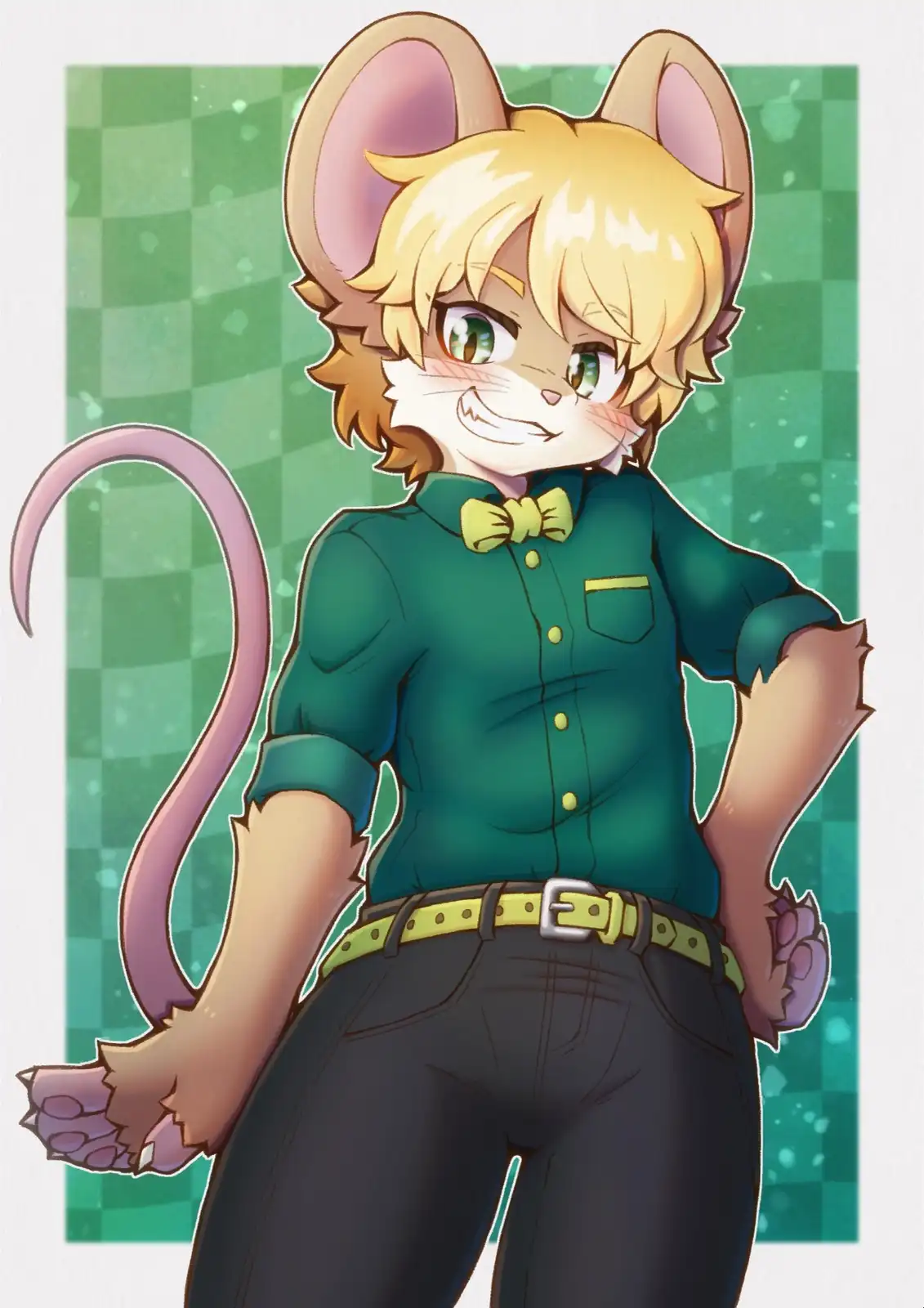 An anime-style anthropomorphic mouse with blonde hair and green eyes, wearing a green button-up shirt with a yellow bowtie…