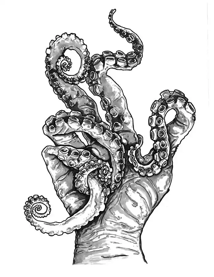 A black-and-white illustration shows a human hand with all fingers and the wrist replaced by octopus tentacles, each covered…