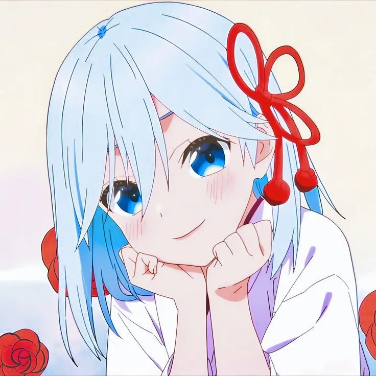 An anime girl with light blue hair and a red bow smiles while resting her chin on her hand, with red roses visible in the…