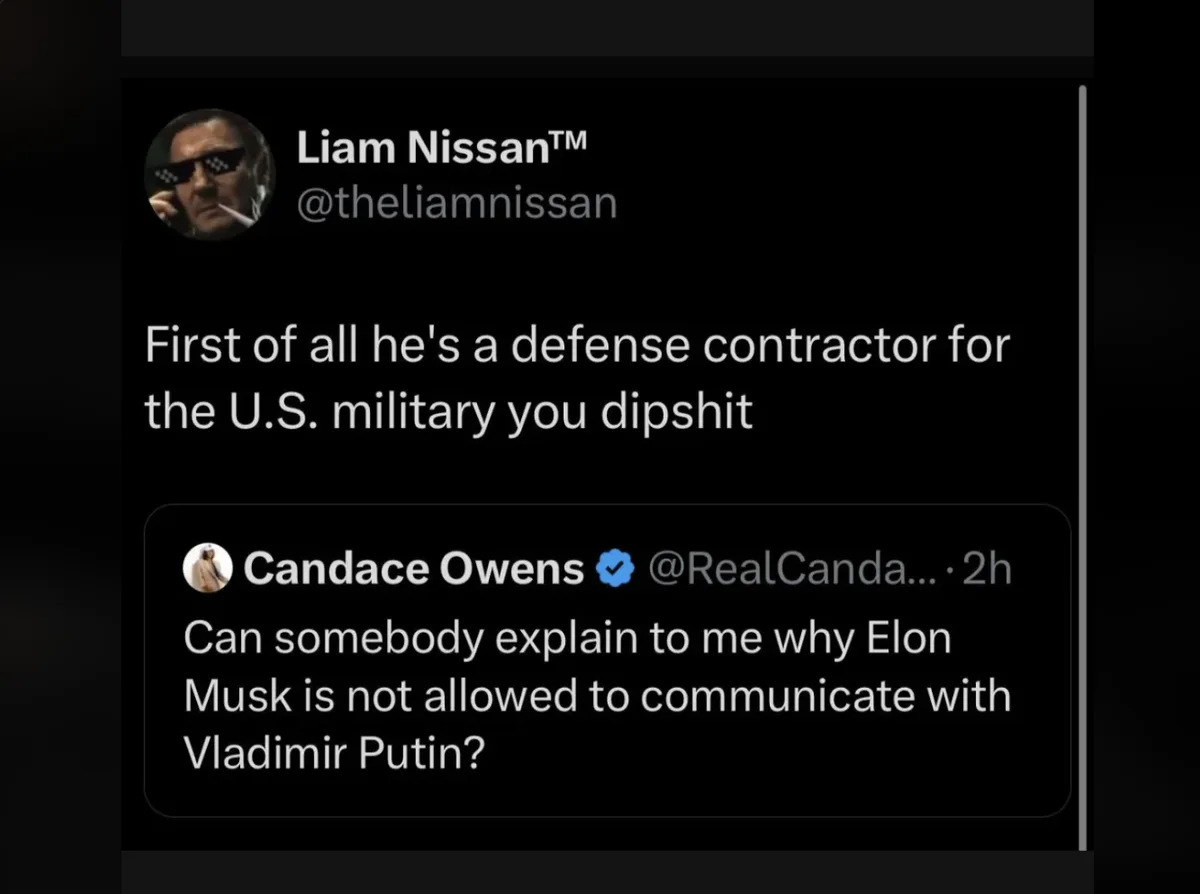 A screenshot of a Twitter thread shows Candace Owens asking why Elon Musk isn't allowed to communicate with Vladimir Putin…
