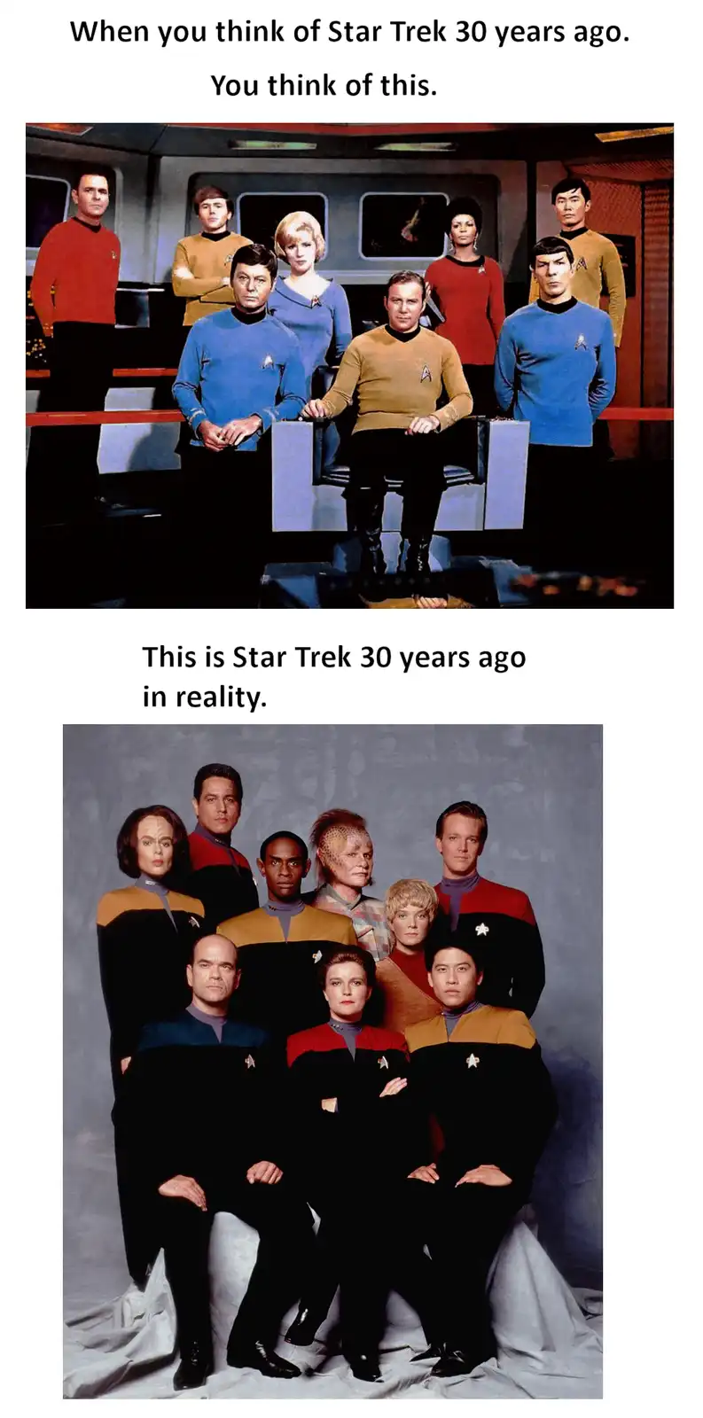 The image displays two photos of Star Trek cast members. The top photo shows the original Star Trek cast in 1960s-era…