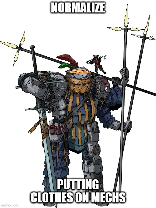 A heavily armored mech with a sword and multiple spears stands in a pose, with a small figure riding on its shoulder. The…