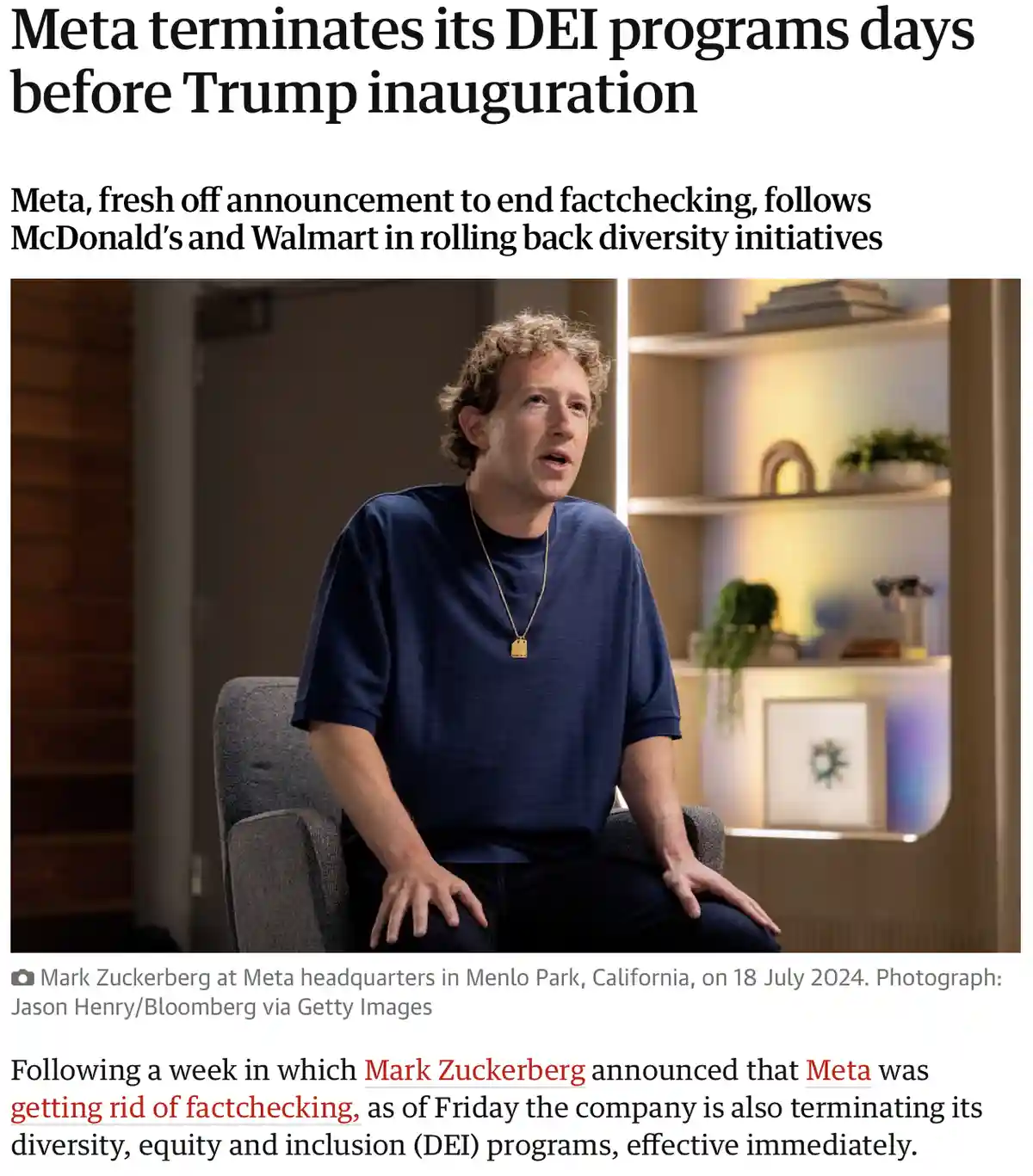 A news article screenshot shows Mark Zuckerberg seated in a chair, with the headline 'Meta terminates its DEI programs days…