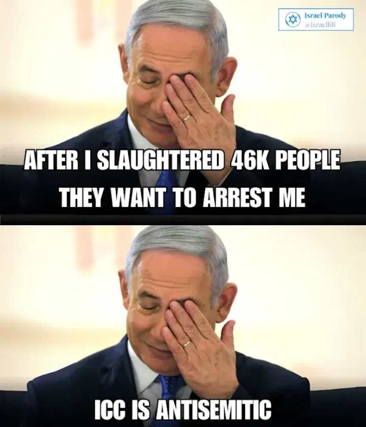 The image shows two panels of Benjamin Netanyahu covering his face with his hand, appearing to cry. The top panel has text…