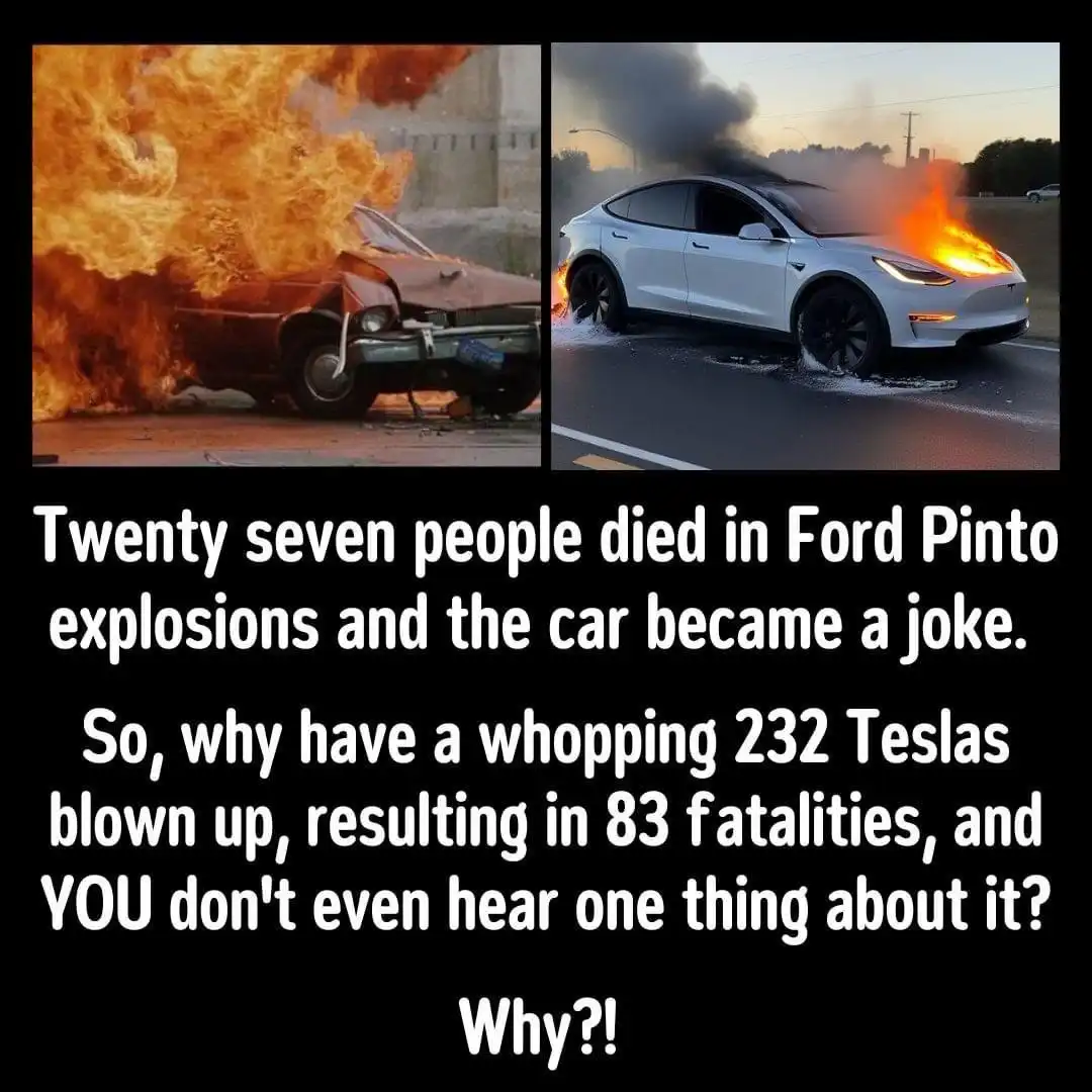 The image displays two side-by-side photos: a vintage Ford Pinto engulfed in flames on the left, and a modern white Tesla…