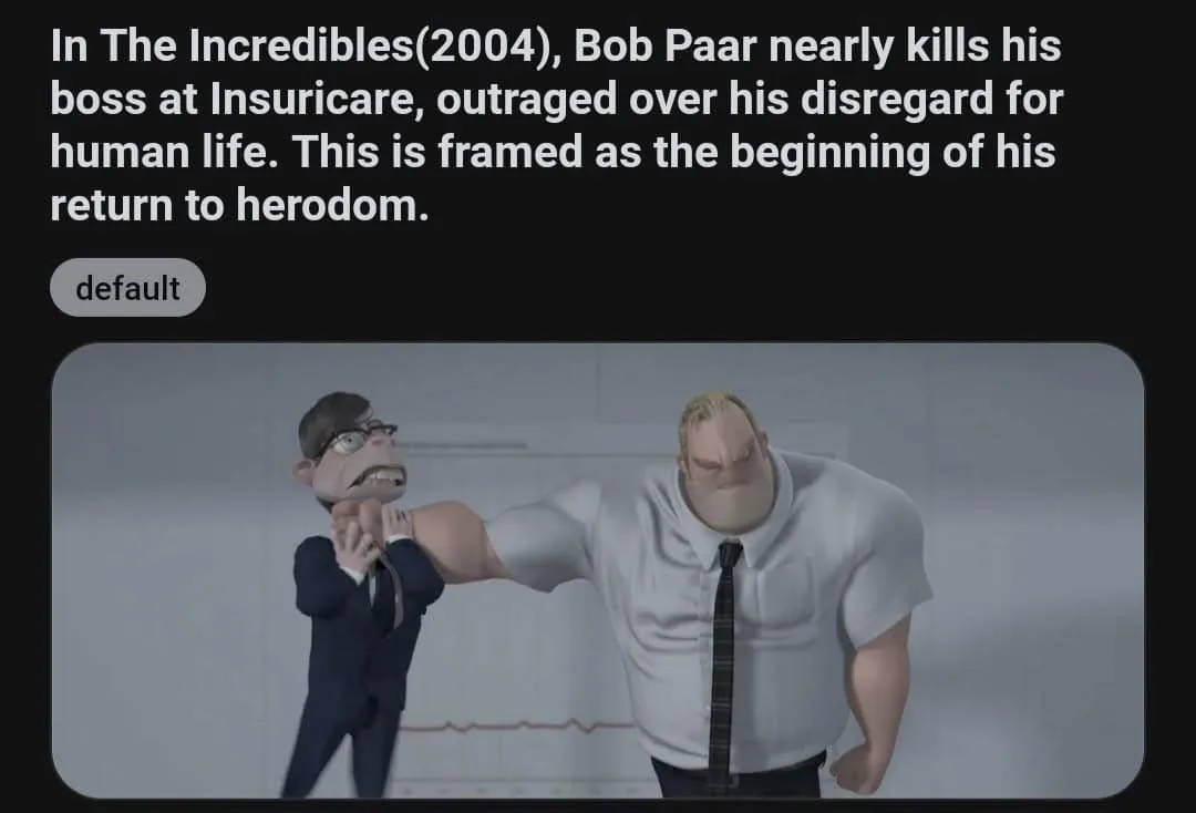 The image shows two animated male characters from the movie 'The Incredibles' (2004). A large, muscular man in a white shirt…
