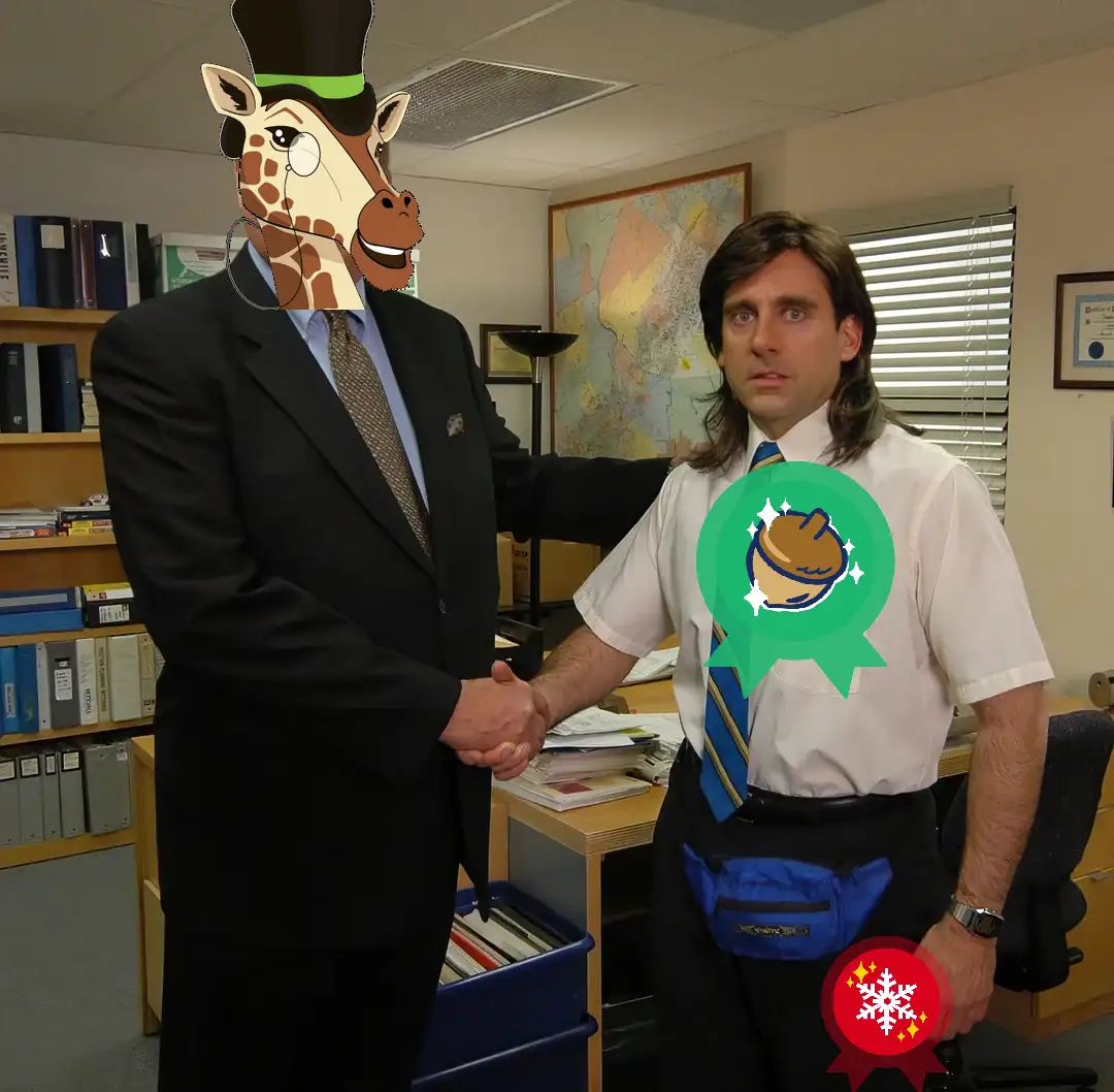 Two men are shaking hands in an office setting. The man on the left has a cartoon giraffe head wearing a top hat and…