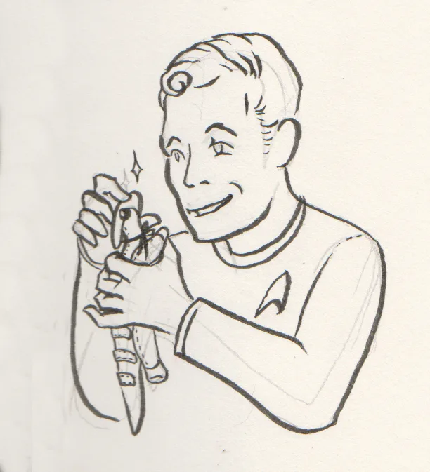 A hand-drawn black-and-white sketch shows a smiling man in a Starfleet uniform holding a phaser, with a small sparkle effect…