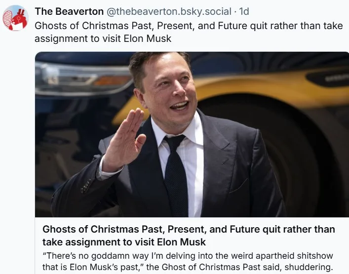 A photo of Elon Musk smiling and waving, overlaid with text stating that the Ghosts of Christmas Past, Present, and Future…