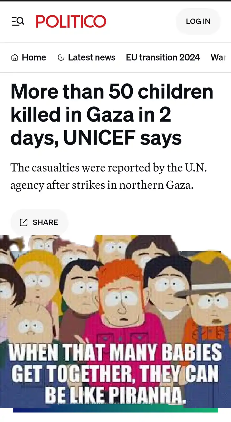 The image shows a screenshot of a Politico news article reporting that more than 50 children were killed in Gaza in two…