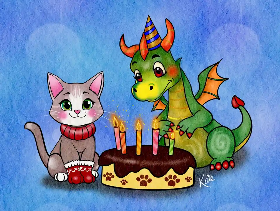 A cartoon illustration shows a grey cat wearing a red scarf and red boots sitting beside a green dragon wearing a party hat…